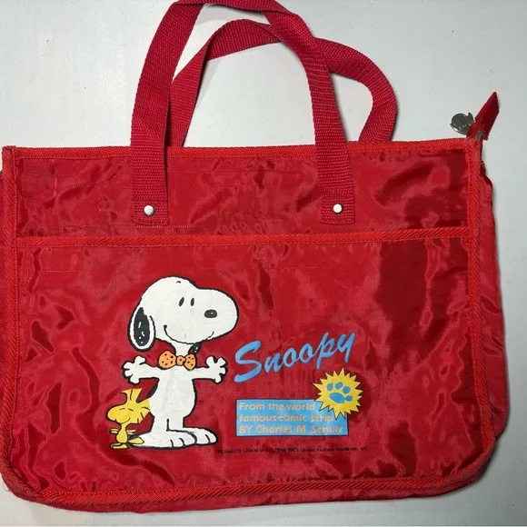 Vintage 80s Snoopy Peanuts Red Nylon Tote Bag - Woodstock - Rare Zipper Pull - Picture 1 of 9